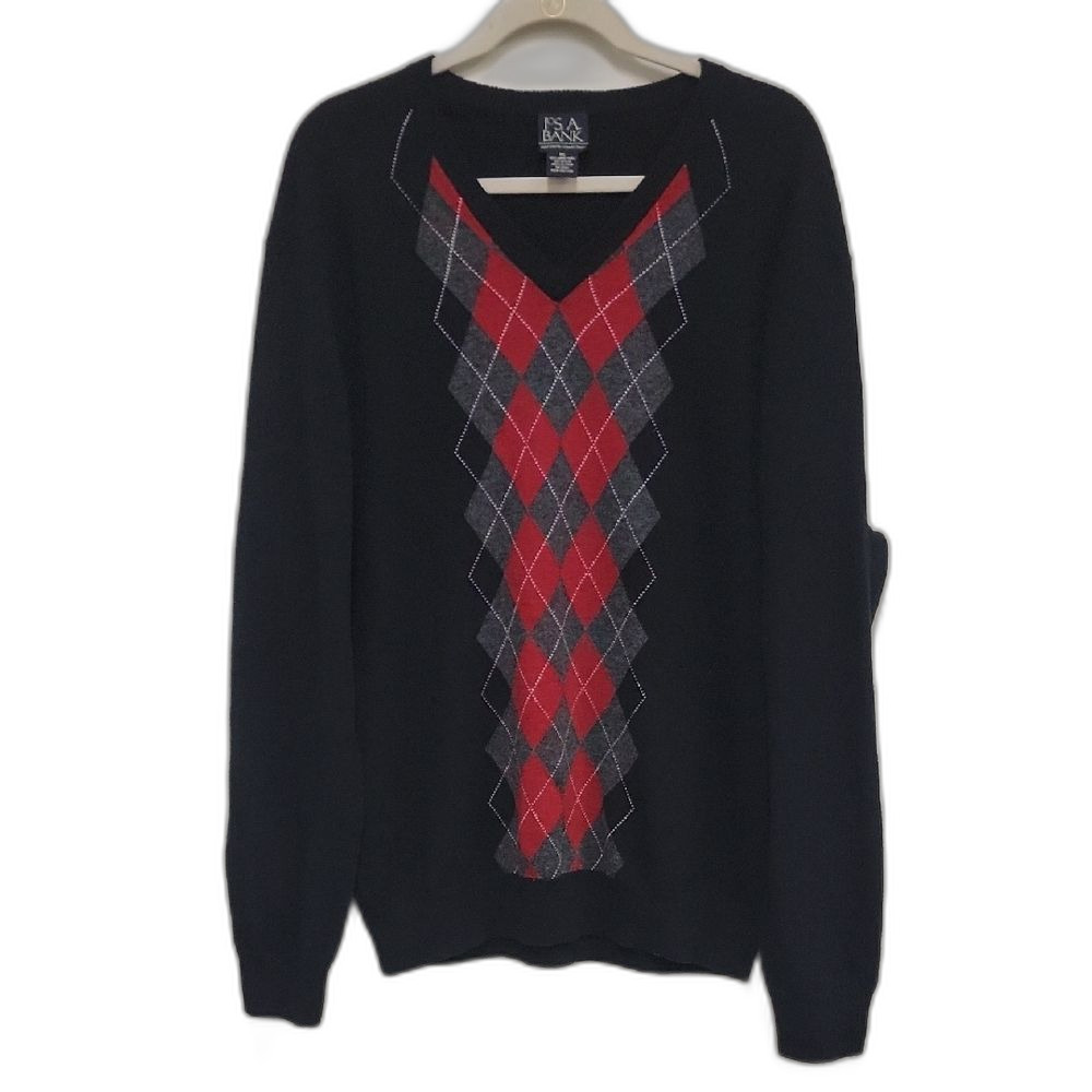 Jos. A. Bank V-Neck Sweater in Black and Red Argyle